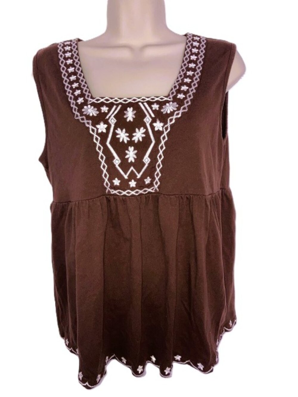 Dressbarn Brown Sleeveless Babydoll Top with White Embroidery Women's Large
